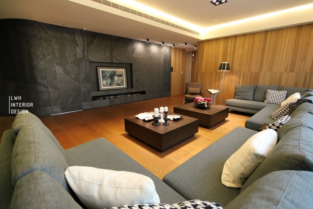 大理石背牆與木質結合客廳